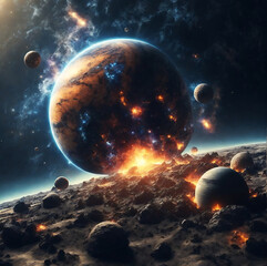 Wall Mural - Planetary collisions and explosions in space. Generative Ai