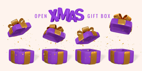 Wall Mural - open 3d realistic gift box with ribbon and bow for xmas holiday. vector illustration