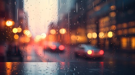 Wall Mural - Rain drops on the window glass with blurred city lights in the background. Rain drops on the glass with blurred city lights background. Artistic blur. Beautyful bokeh. Abstract blurry background.