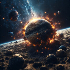 Wall Mural - Planetary collisions and explosions in space. Generative Ai