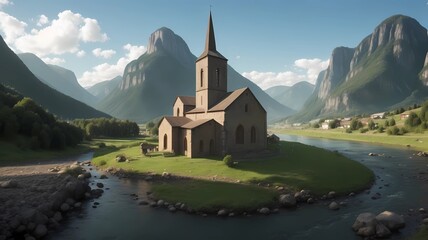 Poster - old church in the summer panorama with mountain and lake