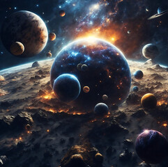 Wall Mural - Planetary collisions and explosions in space. Generative Ai