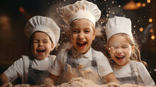 Tree Kids, Girl And A Boy Are Making Pastry With Hands Covered With Flour. In The Kitchen. Wearing Chef Hat, Smiling And Having Fun
