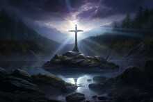 A cross in a mystical artwork of a peak lake with trees, stones, and glowing light permeating the center. Generative AI