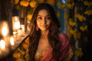 Wall Mural - Young indian woman in traditional saree, smiling celebrating diwali festival.