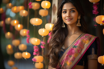 Wall Mural - Young indian woman in traditional saree, smiling celebrating diwali festival.