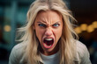 Mujer joven rubia con ojos azules muy enfadada gritando