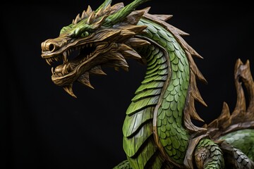 Wall Mural - Sragon. Green wooden dragon. Dragon head made of wood. Chinese dragon