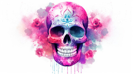 Watercolor painting in shades of fuchsia of a sugar skull or Mexican catrina. Day of the Dead