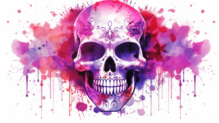 Watercolor painting in shades of fuchsia of a sugar skull or Mexican catrina. Day of the Dead