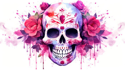 Watercolor painting in shades of fuchsia of a sugar skull or Mexican catrina. Day of the Dead