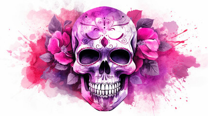 Watercolor painting in shades of magenta of a sugar skull or Mexican catrina. Day of the Dead