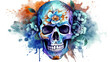 Watercolor painting in shades of azure of a sugar skull or Mexican catrina. Day of the Dead