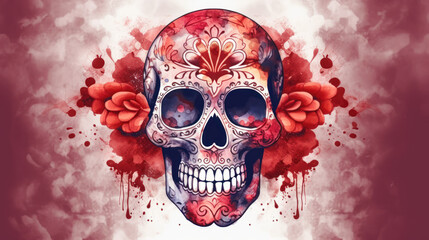 Watercolor painting in shades of dark red of a sugar skull or Mexican catrina. Day of the Dead