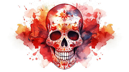 Watercolor painting in shades of vivid red of a sugar skull or Mexican catrina. Day of the Dead