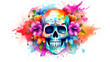 Watercolor painting in shades of colorful of a sugar skull or Mexican catrina. Day of the Dead