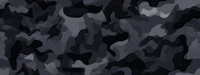 Seamless Rough Textured Military, Hunting Or Paintball Camouflage Pattern In A Dark Black And Grey Night Palette. Tileable Abstract Contemporary Classic Camo Fashion Textile Surface Design Texture