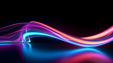 Abstract neon background. Fluorescent lines glowing in the dark room with floor reflection. Virtual dynamic ribbon. Fantastic panoramic wallpaper. Energy concept, futuristic background