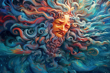 Aufkleber - An abstract representation of the god Enki, associated with wisdom and freshwater, with swirling patterns and vibrant aquatic colors.  