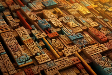 Poster - An image showcasing abstract interpretations of cuneiform script, the ancient writing system of Sumer, with intricate symbols and earthy colors.  