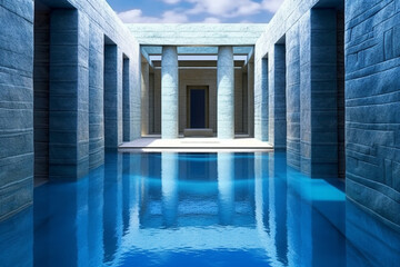 Fototapete - Sumerian temple, with ethereal shapes and serene blue tones. The image conveys a sense of tranquility and reverence for the sacred spaces of Sumerian religious worship. 