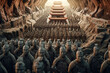 An image showcasing abstract representations of the terracotta warriors and horses of Emperor Qin Shi Huang's mausoleum, 