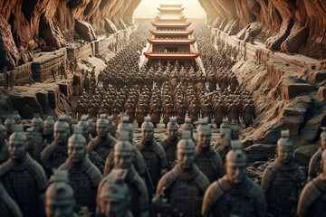 Aufkleber - An image showcasing abstract representations of the terracotta warriors and horses of Emperor Qin Shi Huang's mausoleum, 