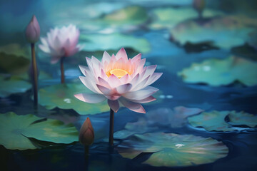 Aufkleber - An abstract portrayal of a serene lotus pond, with delicate petals and serene blue hues.