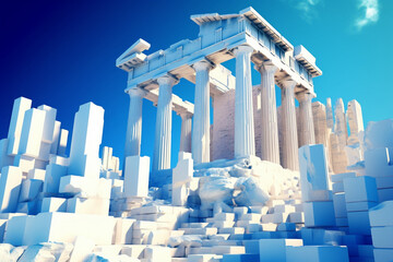 Aufkleber - An abstract depiction of the iconic Acropolis in Athens, with angular shapes and shades of white and blue.  