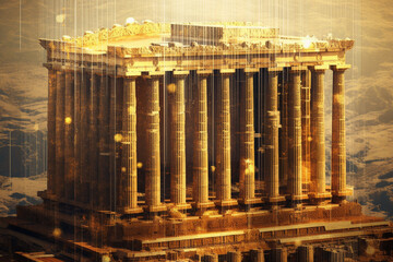 Aufkleber - An image showcasing abstract representations of the Temple of Zeus, with geometric shapes and golden hues.  