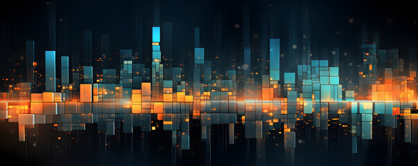 Poster - A colorful abstract wall design, in the style of data visualization, cubo - futurism, luminous landscapes, dark cyan and orange, elegant cityscapes, selective focus, social network analysis