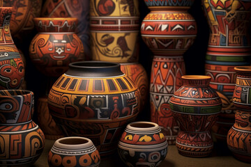 Aufkleber - An image featuring abstract interpretations of Maya pottery designs, with intricate patterns and earthy tones.  