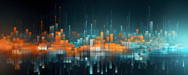 Poster - A colorful abstract wall design, in the style of data visualization, cubo - futurism, luminous landscapes, dark cyan and orange, elegant cityscapes, selective focus, social network analysis