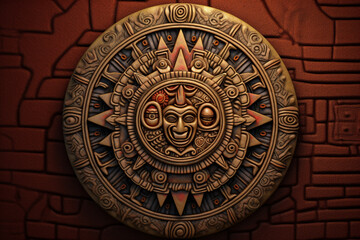 Aufkleber - An image featuring abstract interpretations of the Aztec Sun Stone, with intricate patterns and warm earth tones. 