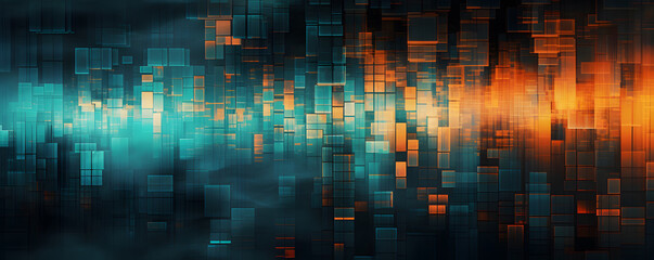 Poster - A colorful abstract wall design, in the style of data visualization, cubo - futurism, luminous landscapes, dark cyan and orange, elegant cityscapes, selective focus, social network analysis