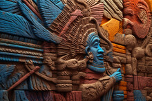 An Abstract Depiction Of Assyrian Relief Sculptures, With Abstract Forms And A Mix Of Warm And Cool Colors. 