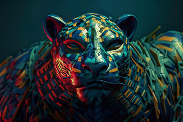 Poster - An abstract depiction of Olmec jaguar imagery, with sleek lines and a bold color palette. 