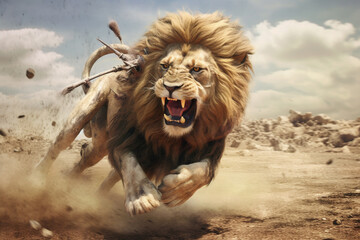 Aufkleber - An image showcasing abstract interpretations of Assyrian lion hunts, with energetic brushstrokes and earthy tones. 