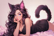 © Karrrtinki - Sensual woman in cat costume reclining gracefully on a vibrant bed