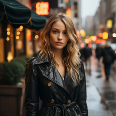 Canvas Print - Blonde girl in a black stylish raincoat on a city street