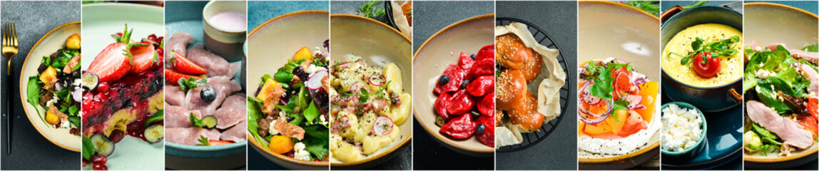 Sticker - Food background. Hot meals and cold snacks. Dishes of different countries of the world. Photo collage.