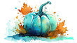 Watercolor painting of a pumpkin in cyan color tone.