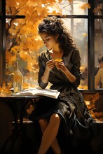 Ephemeral Muse, An Elegant Woman In Black Dress Reading A Book, Amidst A Cozy Parisian Cafe, Radiating Sophistication And Grace, The Atmosphere Resonates With French Charm,