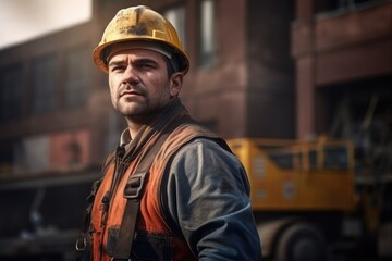Poster - A man wearing a hard hat stands in front of a truck. This image can be used to represent construction, industrial work, or transportation.