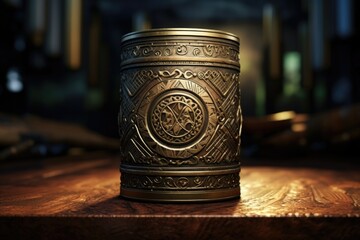 Poster - A metal cup placed on a wooden table, suitable for various uses.