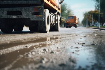 Aufkleber - A dump truck is seen driving down a street next to a puddle of water. This image can be used to depict urban transportation or construction activities near water bodies.