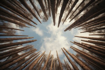 Poster - A picture capturing the view of the sky from the bottom of a forest. This image can be used to depict the beauty of nature and the tranquility of being surrounded by trees.