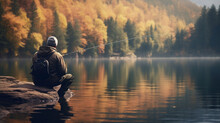 A Man Fisherman Sits On A Stone On The Shore Of A Lake Catches Fish And A Beautiful Autumn Forest Is In The Background