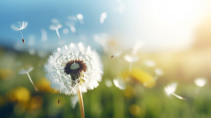 Wall Mural - a beautiful close-up of a dandelion at the moment when the seeds fly from it on the background of a green meadow in the morning sunlight