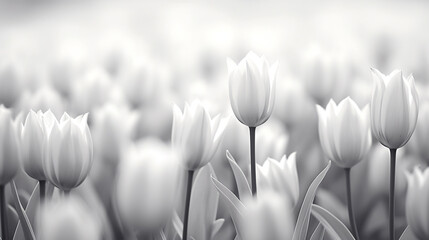 Wall Mural - many snow-white tulips that grow very densely, black and white image